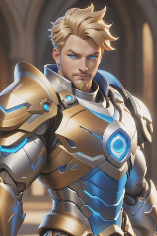 (best quality), (4K, HDR), ((Overwatch)), Paladin Reinhart, musuclar man, shiny armor, strong body, blonde hair, blue eyes, might shield (various camera angles), fantasy style armor and clothing, fantasy, vibrant colors, 