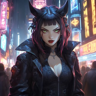 (beat quality, masterpiece), (8K, HDR), 
Cyber Bloodlust:
"Generate an image of a vampire in a bustling cyberpunk nightclub, surrounded by neon lights and digital screens. The vampire's eyes gleam with hunger, and their outfit is a mix of gothic and futuristic styles, blending seamlessly with the high-tech environment."
dark, vibrant, gothic,