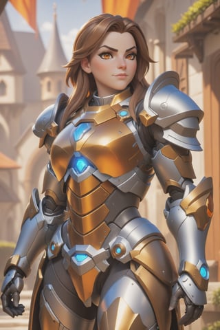 (best quality), (4K, HDR), ((Overwatch)), Paladin Brigitte, hourglass body, shiny armor, slightly strong physique , brown hair, bright orange eyes, might shield (various camera angles), fantasy style armor and clothing, fantasy, vibrant colors, 