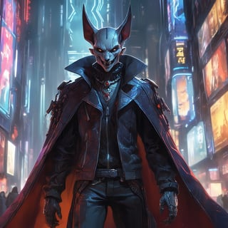 (beat quality, masterpiece), (8K, HDR), 
Cyber-Dracula:
"Generate an image of a vampire in a cyberpunk world, wearing a high-collared, futuristic cloak and surrounded by holographic displays. The vampire's features are sharp and menacing, with a mix of ancient and advanced technology."
dark, vibrant, gothic,