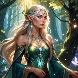 In this breathtaking 8K UHD masterpiece, a resplendent female elf stands majestically in an enchanted forest, radiating wisdom and power. Her flowing hair, adorned with delicate glowing runes, cascades down her back like a river of moonlight. Framed by elegant elven jewelry, her pointed ears seem to be listening to the whispers of the forest. The intricate shimmering gown hugs her curves, woven from the essence of leaves and moonbeams. Her eyes burn bright with inner light, as she raises her hands to cast a majestic spell. Glowing magical symbols and ethereal lights swirl around her, bathing the ancient trees and mystical creatures in an otherworldly glow. The vibrant colors of this enchanted scene burst forth with radiant intensity, reflecting the elf's profound connection to nature and her awe-inspiring magical prowess.