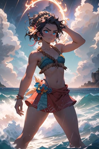 (best quality), (4K, HDR), Moana getting ready to battle a sea god, firerce and determined, her eyes have a radiant glow, the seas roar and the skies storm, dark, vibrant, 