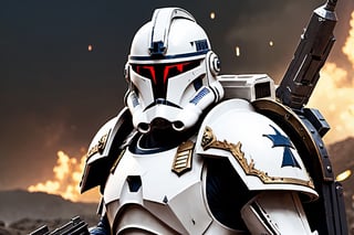 (8k HDR), (masterpiece, best quality), ((Warhammer)), 

"Generate an image of a Clone Trooper from the Star Wars universe transformed into a mighty Space Marine of the Warhammer 40k universe. His armor, once sleek and white, now bears the iconic colors and symbols of the Space Marines, adorned with intricate filigree and embellishments that mark him as a warrior of the Adeptus Astartes. The trooper's helmet has been redesigned to incorporate the intimidating features of a Space Marine helm, with glowing red eyes and a stoic expression that speaks of unwavering determination. In one hand, he wields a bolter, a weapon of devastating power and precision, while in the other hand, he carries a combat knife with a serrated edge, ready to engage in close-quarters combat. Behind him, the backdrop depicts a war-torn battlefield littered with the remnants of battle, as he stands tall and resolute, a beacon of strength and valor in the grim darkness of the far future."

(michael bay camera shots), dark atmosphere, vibrant colors, depth of field, 