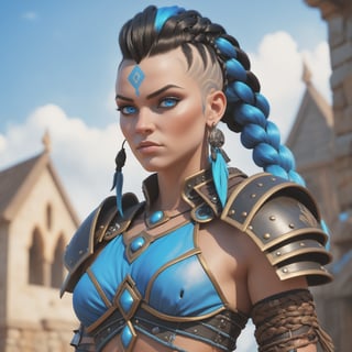 (best quality), (4K, HDR), barbarian junker queen, tall woman, black mohawk hair braids, strong body, bright blue eyes, (different camera angles), fantasy style armor and clothing, fantasy, vibrant colors, 