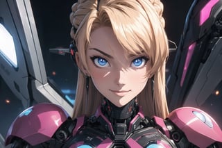 (masterpiece, best quality), (8K, UHD), ((90s anime style)), dark fantasy fembot, an alluring robotic body, with a lean hourlgass shape, high tech design, seductive cybernetic eyes, nice chest, in a futuristic high tech society, different seductive poses, smiling at the viewer, (variety shot), illustration,portrait,rgbcolor,emotion
