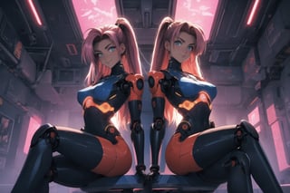 (masterpiece, best quality), (8K, UHD), ((90s anime style)), dark fantasy fembot, an alluring robotic body, with a lean hourlgass shape, high tech design, seductive glowing eyes, nice chest, in a futuristic high tech society, , sitting down elegantly, thigh highs, smiling at the viewer, (variety shot), illustration,portrait,rgbcolor,emotion