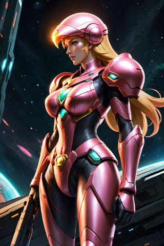 (8k HDR), (masterpiece, best quality), 

"Generate an image of Princess Peach, reimagined as a galactic bounty hunter, combining her iconic, regal elements with the futuristic armor of Samus Aran from Metroid Prime. Peach wears a sleek, modified version of Samus’s power suit, tinted in pastel pink and adorned with gold accents that nod to her royal roots. Her suit retains the streamlined, formidable appearance of Samus's, but features delicate, ornate detailing around the helmet and shoulders, merging high-tech functionality with a touch of regal elegance. Her visor is a transparent pink, through which her determined, yet kind eyes are visible. She stands on an alien planet, the landscape a striking mix of bizarre flora and bioluminescent elements, holding a Charge Beam gun converted into a staff that resembles her royal scepter, ready to defend the galaxy with a blend of grace and power."

dark atmosphere, vibrant colors, (various camera shots), depth of field, 2D