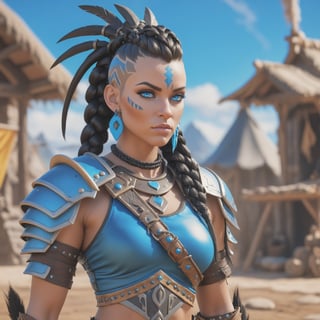 (best quality), (4K, HDR), barbarian junker queen, tall woman, black mohawk hair braids, strong body, bright blue eyes, (different camera angles), fantasy style armor and clothing, fantasy, vibrant colors, 