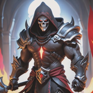 (best quality), (4K, HDR), ((Overwatch)), barbarian Reaper, musuclar man, hooded, strong body, glowing red eyes, (Death shot), fantasy style armor and clothing, fantasy, vibrant colors, dark fantasy, dark