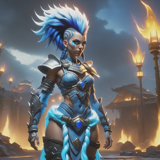 (best quality), (4K, HDR), ((OverwatchxDark Fantasy)),barbarian junker queen, tall woman, blue mohawk hair braids, shining body, glowing look, looking at camera, fallout style armor and clothing, fantasy, vibrant colors,  dark ,DonM3l3m3nt4lXL