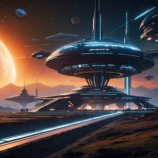 (8k HDR), (masterpiece, best quality), 

Futuristic Spaceport at Dawn:

"A bustling futuristic spaceport at dawn, with starships of various designs docking and departing. Travelers from different galaxies mingle, their diverse appearances a testament to the vastness of the universe. Ground crews prepare ships for launch against a backdrop of a rising alien sun, casting a hopeful light on the day’s journeys."

dark and vibrant, science fiction, night, (James Cameron cinematic shots), depth of field, 2D