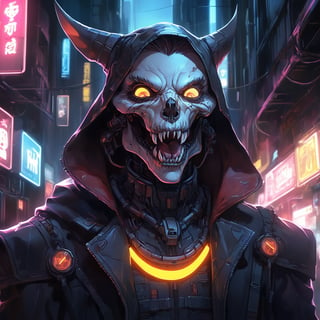 (beat quality, masterpiece), (8K, HDR), 
Cyber Fangs:
"Create an image of a vampire with cybernetic implants, blending ancient and futuristic aesthetics. The vampire lurks in the shadows of a high-tech alley, their fangs and cybernetic eyes gleaming in the neon glow."
dark atmosphere, vibrant, illustration