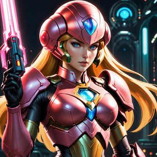 (8k HDR), (masterpiece, best quality), 

"Generate an image of Princess Peach, reimagined as a galactic bounty hunter, combining her iconic, regal elements with the futuristic armor of Samus Aran from Metroid Prime. Peach wears a sleek, modified version of Samus’s power suit, tinted in pastel pink and adorned with gold accents that nod to her royal roots. Her suit retains the streamlined, formidable appearance of Samus's, but features delicate, ornate detailing around the helmet and shoulders, merging high-tech functionality with a touch of regal elegance. Her visor is a transparent pink, through which her determined, yet kind eyes are visible. She stands on an alien planet, the landscape a striking mix of bizarre flora and bioluminescent elements, holding a Charge Beam gun converted into a staff that resembles her royal scepter, ready to defend the galaxy with a blend of grace and power."

dark atmosphere, vibrant colors, (various camera shots), depth of field, 2D