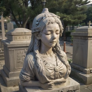 nagatoro stone statue bust,  (1:1),  (real size),  cement color, on top of a tomb in a cementery,  closed eyes,  , stone_statue, 