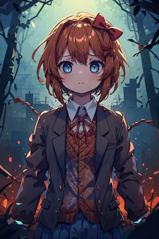 masterpiece, best quality, 1 girl, sayori, blue eyes, hair bow, red bow, emotionless, school uniform, blazer, brown sweater, collared shirt, neck ribbon, horror, dark, psychedelic, cinematic light, cinematic view, High detailed, Color magic, ropes