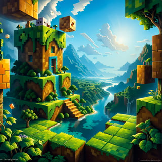 Surrealist art, (best quality, ultra-detailed, masterpiece), surrealism, gentle brushstrokes, solitary and tranquil, minecraft world, blocks, cubes, Greg Rutkowski, Jacek Yerka, Vladimir Kush, Rob Gonsalves, David A Hardy, surreal art, oil paint, surreal background,