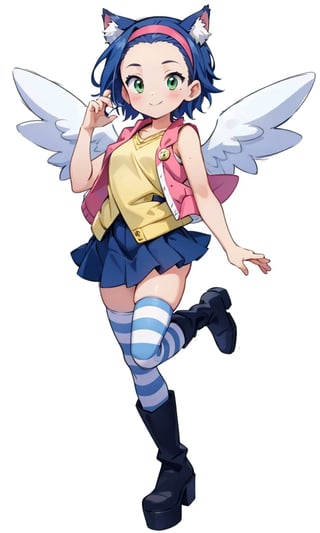 nice hands, perfect hands, 1girl, peach skin, bright blue hair, short_bowl_cut, no_bangs, forehead, headband, bangs pulled back by hairband, sidelocks, green eyes, flat_chested, ((blue and white striped thighhighs)), ((pink puffer vest)), skirt, platform_boots, genki, blush_stickers, smiling, (cat_ear_headband), fake angel wings, (full_body), standing, (white background),(dynamic_pose:1.2),(masterpiece:1.2), (best quality, highest quality), (ultra detailed), (8k, 4k, intricate), (50mm), (highly detailed:1.2),(detailed face:1.2), detailed_eyes,(gradients),(ambient light:1.3),(cinematic composition:1.3),(HDR:1),Accent Lighting,extremely detailed,original, highres,(perfect_anatomy:1.2),Ritsu hair