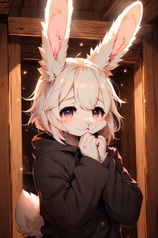 (anthro, bunny), 1other, solo, androgynous, white hair, bob_cut, black eyes, shy, shy pose, fantasy healer, kawaii,furry,kemono,