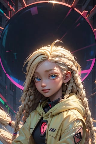 (masterpiece), futuristic room, upper body, portrait of african girl, dreadlocks, shy smile, sitting, light particles, blonde hair, blue eyes, pale, light skin, futuristic clothing, looking at viewer, face focus,(dreadlocks), (blonde eyebrows, light eyebrows),((COLORED EYELASHES, blonde eyelashes:1.2)),(holographic hoodie), (transparent sleeves),(flat_chested), round window with martian landscape