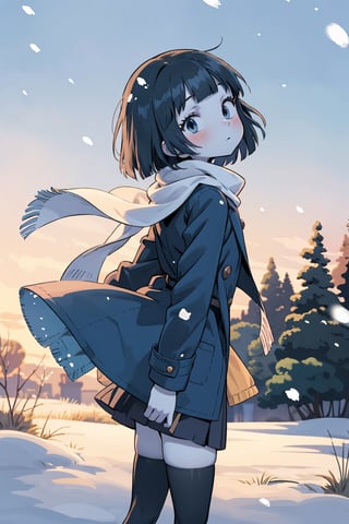 masterpiece, best quality, nice hands, perfect hands, 1 girl, pale, white skin, bluish_black_hair, bob_cut, straight hair, blunt bangs, dark_blue_eyes, black eyes, flat_chested, thighhighs, skirt, oversized coat, scarf, shy, blush, cozy, winter, snowing, ghibli studio style,ghibli style, cinematic light, cinematic view, High detailed,(shaft head tilt),from side,