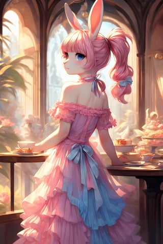by waspsalad, by qupostuv35, by tsampikos, anthro, furry, pastel colors, 1girl, bunny girl, realistic, rabbit nose, (white fur), ((ponytails, twintails, pink hair, bangs)), blue eyes, ((pink dress,1910s clothes,frilly dress, flowing translucent dress, off_shoulder)), surrounded by rabbit plushies, candy, tea party, art_nouveau, art nouveau architecture, art nouveau designs, pose, cute, dreamy, full background, perfect hands, scenery, (gradients), focus face, Animal, FurryCore, chibi,
