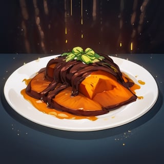 ultra detailed, hyperrealistic, vector illustration depicting a rustic plate of baked sweet potatoes, The sweet potatoes must be creatively detailed, featuring (dark brown) cinnamon drizzle. exude the desired aesthetic, food porn, beautiful, shiny, sparkles, magic, col