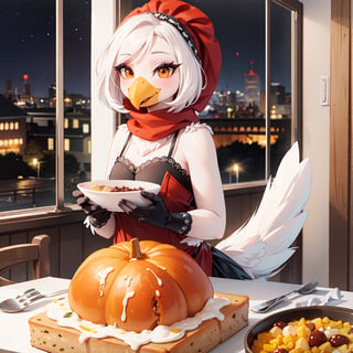 photorealistic, (masterpiece:1.2), best quality, vegetable, corn, bread, beans, Anthro, Avian, Bird, Beak, (Tail Feathers:1.4), (((turkey))), cute, wattle, snood, dinner time, (Thanksgiving), presenting food, orange theme, night,