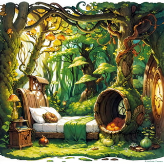 made of amber, mushrooms, (alcove_bed, alcove), nest, round window, cozy, art nouveau, fantasy,hobbit home, surreal00d, forest, moss, fern, acorns
