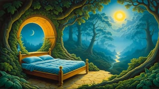 Surrealist art, (best quality, ultra-detailed, masterpiece), surrealism, nature, alcove, bed, forest, night, fantasy landscape, greg rutkowski,Jacek Yerka,Vladimir Kush,Rob Gonsalves,surreal art,oil paint, surreal background,