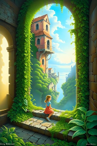 Surrealist art, (best quality, ultra-detailed, masterpiece), portrait, anime, surrealism, gentle brushstrokes, solitary and tranquil, anime style, 1girl, city ruins, overgrown, Greg Rutkowski, Jacek Yerka, Vladimir Kush, Rob Gonsalves, surreal art, oil paint, surreal background,