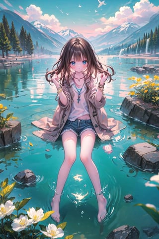 (masterpiece), best quality, 1 girl, (nice hands, perfect hands), cuteloli, long brown hair, wavy hair, short bangs, long cardigan, medical bracelet, rolled up jeans, wading in water, lake, mountains, sunny, summer