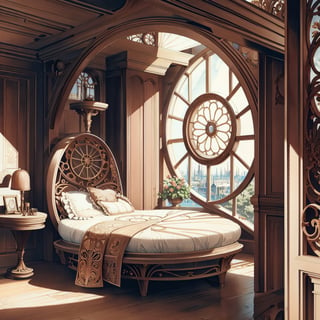 indoors, alcove_bed, alcove, round window, davincitech, art nouveau,