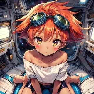 best quality,  extremely detailed, HD,  8k,  extremely intricate:1.3, nice hands, cute, Edward, looking out spaceship window in wonder, space, galaxies, nebula, stars, cosmos, tan skin, tomboy, midriff, orange hair, (white loose shirt), off shoulder, spiked hair, barefoot, bike shorts, amber eyes, goggles on head, blush stickers, (insanely detailed, beautiful detailed face, masterpiece, best quality) volumetric lighting, best quality, masterpiece, intricate details, tonemapping, sharp focus, hyper detailed