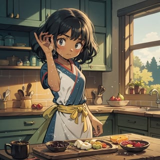 masterpiece, best quality, nice hands, perfect hands, 1 girl wearing tribal clothing, dark skin, black hair, short hair, very curly hair, cooking with fruit, sliced fruit on table, focused expression, apocalyptic, rural, old kitchen, messy room, ghibli studio style,ghibli style,female, dark skin, SaltBaeMeme,