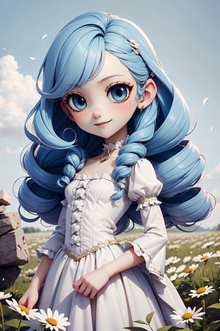 (high quality, highres, masterpiece:1.2), illustration, (ojou curls), (close-up), solo, 1girl, young, child, ((light blue hair)), (long bangs, hair between eyes, long hair, big hair, sidelocks, forelocks), blue eyes, (Rococo fashion, rococo_movement), ((white dress, choker)), ((bodice, long skirt, wide skirt, big skirt, big ruffles, ruffled sleeves)), white dress, head tilt, smile, ((flat_chested)), daisies, ((white dress)),AIDA_NH_humans, pretty face, big eyes with elegant eyelashes, surrealistic landscape, field of daisies,surreal00d