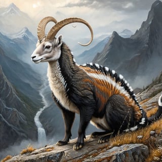 (Magical Fantasy style), (hybrid:1.10) (bighorn sheep:1.0) (mongoose:1.3), (merge:1.1), white spots and stripes, black fur, long tail, 2 horns, long body, mystical mountain setting, masterpiece oil painting, stunning detail, fantasy concept art, highly detailed, intricate, dynamic, potma style,