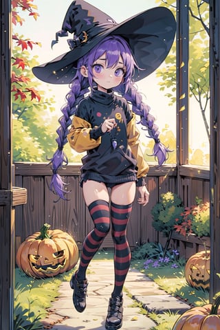 masterpiece, best quality, nice hands, perfect hands, 1 girl, (lilac hair), twin braids, very_long_hair, sidelocks, purple eyes, flat_chested, tiny_girl, child, oversized_sweater, (halloween striped thighhighs), witch hat, cozy, fall, autumn, candy, falling leaves, pumpkins, clutter, window, ghibli studio style,ghibli style, cinematic light, cinematic view, High detailed,Ritsu hair,foldedponytail,twin braids
