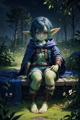 (masterpiece), best quality, nature, deep woods, giant tress, canopy of leaves, (dark, night), (1 male, solo, mature, aged up, tall guy, handsome), ((dark blue hair)), very short hair, androgynous, (((goblin))), sitting, (colored skin, green skin), gray eyes, silver eyes, nice hands, nice feet, perfect feet, piercing, ((rogue outfit)), (greaves, bracers, capris), barefoot,no humans,
