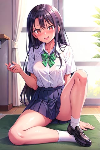 Hayase Nagatoro tanned skin, high school uniform, emerald green, pleated skirt, white socks, black shoes, polished