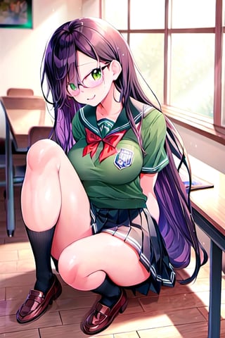 Hayase Nagatoro tanned skin, high school uniform, emerald green, pleated skirt, white socks, black shoes, polished