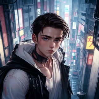 Masterpiece, Best Quality, (8k resolution), (ultra-detailed), perfection, 1boy, black hair, (white shirt, hoodie), undercut, muscle, Handsome Korean man,Height above 180cm,The face is clean and free of scum,Not short sideburns, Medium distribution type,cyberpunk style, middle of the street, Shibuya, scenery, cowboy shot, Look down from above, looking at viewer, intricately detailed.