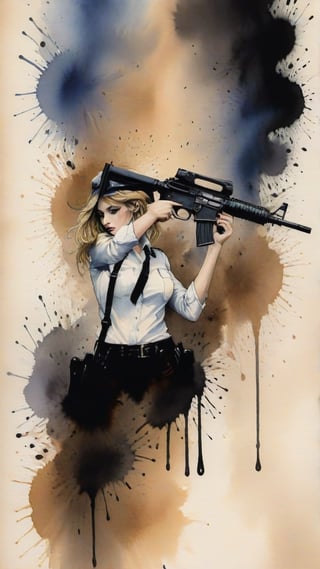 a beautiful 20yo police girl \(LAPD\) holding a rifle \(AR-15\) investigating a suspicious cafe,police car,strobe lights
BREAK 
(Frank Miller's Sin City style),sketch,ink,watercolor,rule of thirds,art_booster,chiaroscuro lighting,style,[model body]