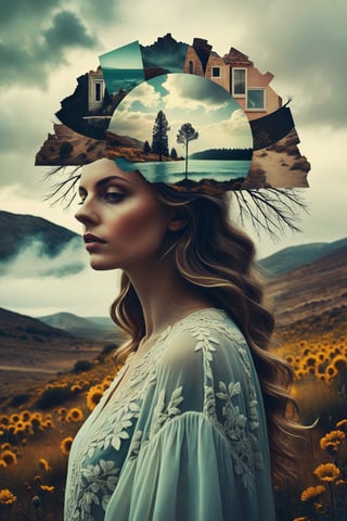 Generate an aesthetically mesmerizing collage art piece, double exposure complex art by by Alex Stoddard, Natalia Drepina and Brooke Shaden surreal postcard. Double Exposure. El entramado de los paisajes pampeanos, que con tu mirar me expanden en el basto infinito de la llanura extensa, es en el eterno fulgor de tu mirada que me disuelvo como las arenas del no tiempo.  Expande mi eternidad en el abrazo de tu encuentro. Murmuro en el silencio. more detail XL, no humans,aw0k euphoric style,Text,masterpiece,NeonLG