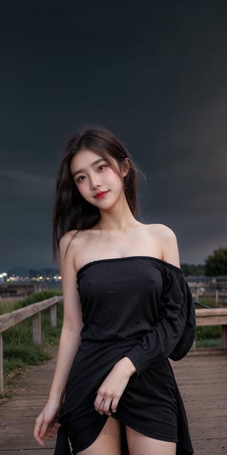 girl, Black dress, gray eyes, medium wavy hair, medium chest, Black hair, against the night sky, summer night, portrait, serenity, innocence, dreaminess, dark exposure, bright colors,dark tones, Clouds,full body, smiling,, 