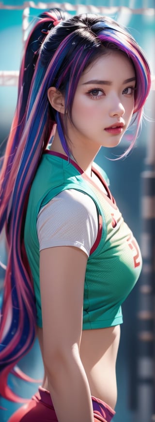 16K, HDR, masterpiece, a girl, (((colorful hair, volleyball outfit))). Half-length side view, anime style illustration with hyper-realistic details, symmetrical face, provocative eyes and soft smile. Enhanced cinematic lighting, lens flare and bokeh effects. Influenced by the art of H.R. Giger and Beksinski, presented in pastel watercolors and vivid tones.,High detailed 
