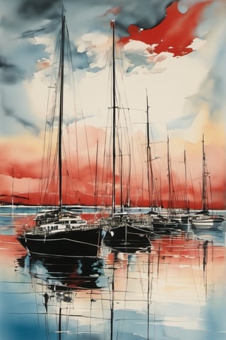Sketch in liquid metallic ink of a peaceful scene of several sailboats anchored in calm waters. The ships have different colors and tall masts that are reflected in the water. In the background,

a red lighthouse stands out from the rest of the landscape. The image creates a feeling of tranquility and harmony,

((creation of SALVADOR DALI)),

Masterpiece of surrealism, creation of great pictorial beauty,in the style of LeCinematique