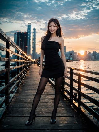 35mm photograph, film, bokeh, professional, (8k, RAW photo, best quality, ultra-detailed, (high detailed skin:1.2), highly detailed,1girl, party dress, black pantyhose, high heels, kpop idol makeup, (closed smile:1.2), natural skin texture, realistic pores skin, (aesthetics and atmosphere:1.2), summer, street, Full body, sunset, (incredible sky:1.2), HongKong, ,Hongkong street