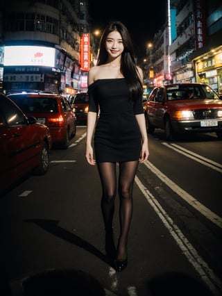 35mm photograph, film, bokeh, professional, (8k), RAW photo, best quality, ultra-detailed, (high detailed skin:1.2), highly detailed,1girl, party dress, black pantyhose, high heels, kpop idol makeup, (closed smile:1.2), natural skin texture, realistic pores skin, (aesthetics and atmosphere:1.2), street, Full body, night, HongKong, ,Hongkong street