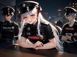 aasaria, horns, 1girl, 6+boys, sitting,
backlighting,
detailed background, city, night, square,
smile, blush, red lips, embarrassed,
1girl, solo, 
mature, curvy,
long hair, white hair, 
police hat, black headwear, police uniform,1girl