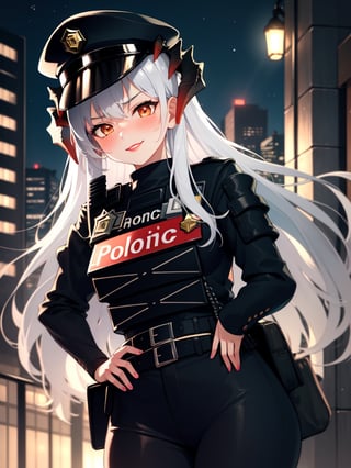 aasaria, horns,
backlighting,
detailed background, city, night, square,
smile, blush, red lips, embarrassed,
1girl, solo, 
mature, curvy,
long hair, white hair, 
police hat, black headwear, police uniform,
